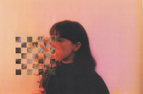 A dark haired woman, darkly dressed and holding flowers, with their face obscured by a checkered floral pattern. Light pink and orange background.