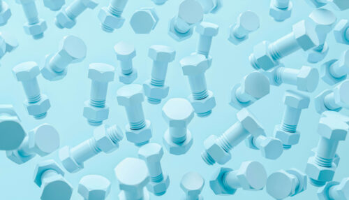A 3D rendering of a collection of light blue nuts and screws.