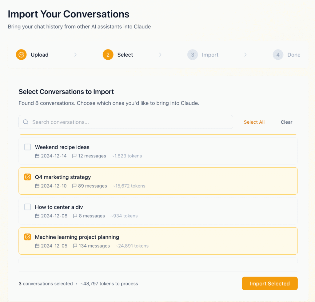 Screenshot from a four-step interactive demo of an imagined import feature user interface that Claude coded for me, including thread-by-thread import.