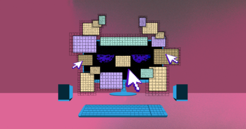 An illustration of a computer surrounded by boxes arranged to make a menacing horned face.