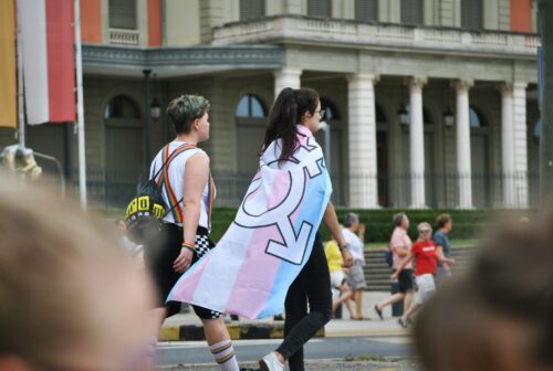 Two people march in a parade, one of whom wears a pink, white, and blue flag as a cape.