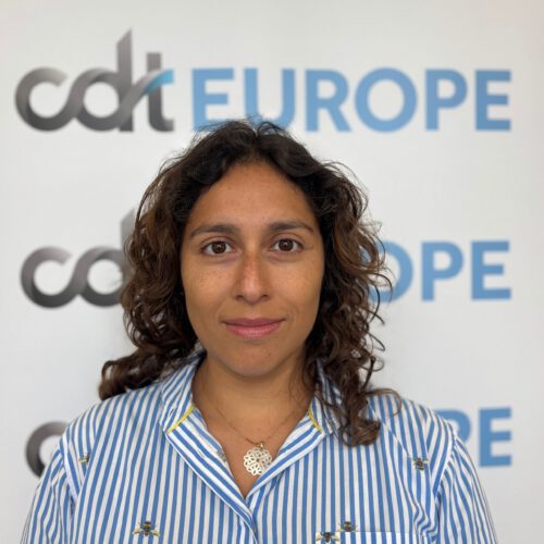 Laura Lazaro Cabrera in front of CDT Europe's logo banner