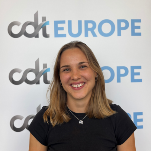 Magdalena Maier in front of the CDT Europe logo banner
