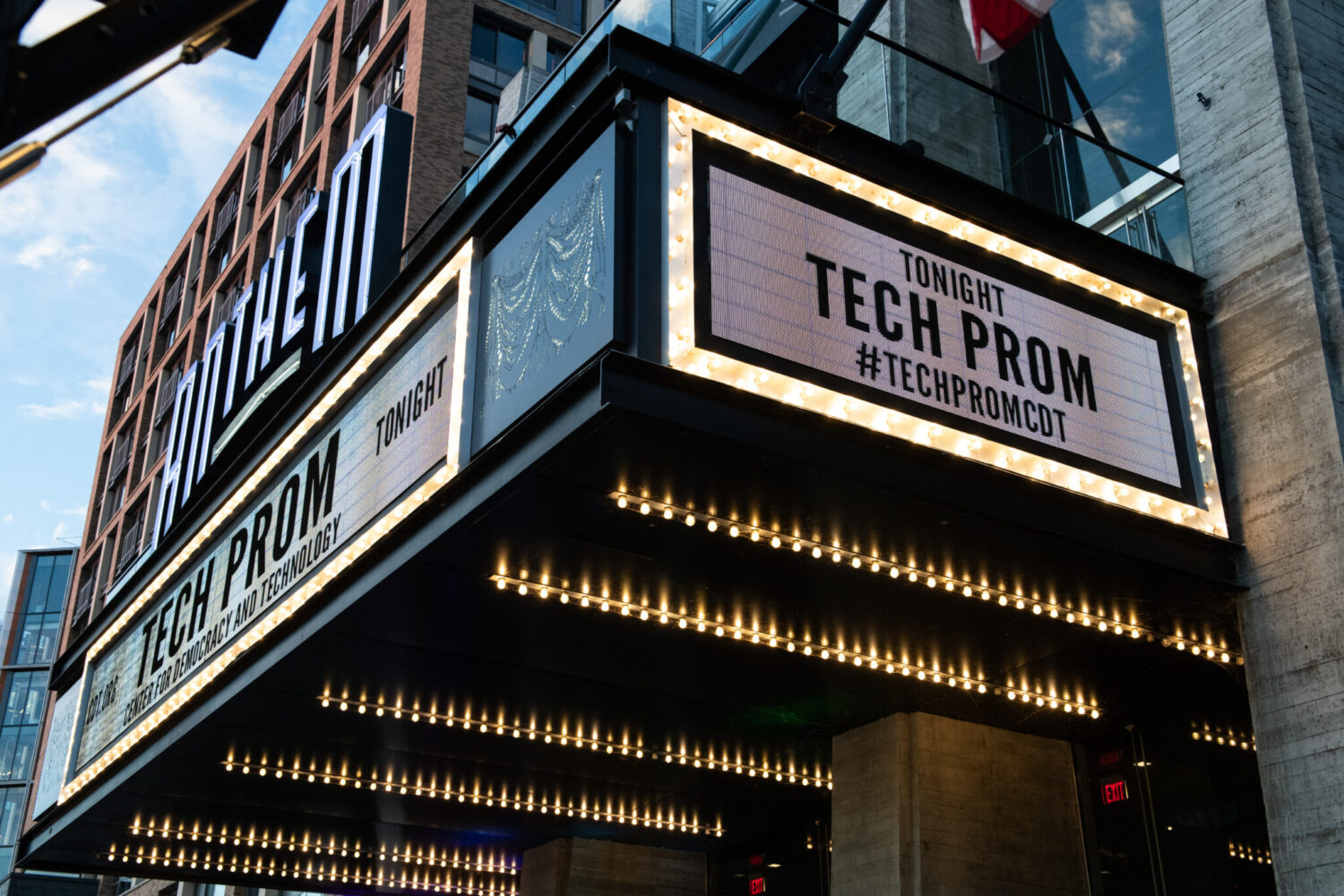 Exterior photo of 2022 Tech Prom. Marquee sign announcing Tech Prom.