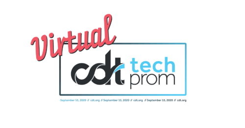 Logo for the 2020 Virtual Tech Prom. Pink, grey and blue text on a white background.