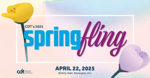 Event graphic for CDT’s 2025 Spring Fling, in bright blue and purple block text. Illustration of two tulips, yellow and purple, on top of a watercolor background.