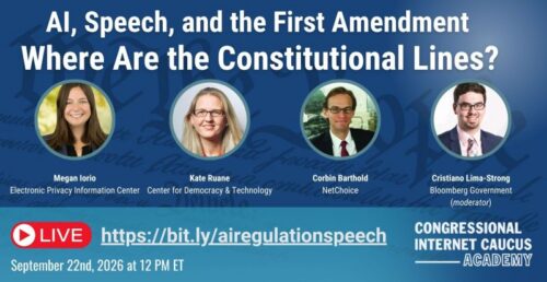 Webinar banner for “AI, Speech, and the First Amendment: Where Are the Constitutional Lines?” featuring four speakers, a livestream link, and event details.