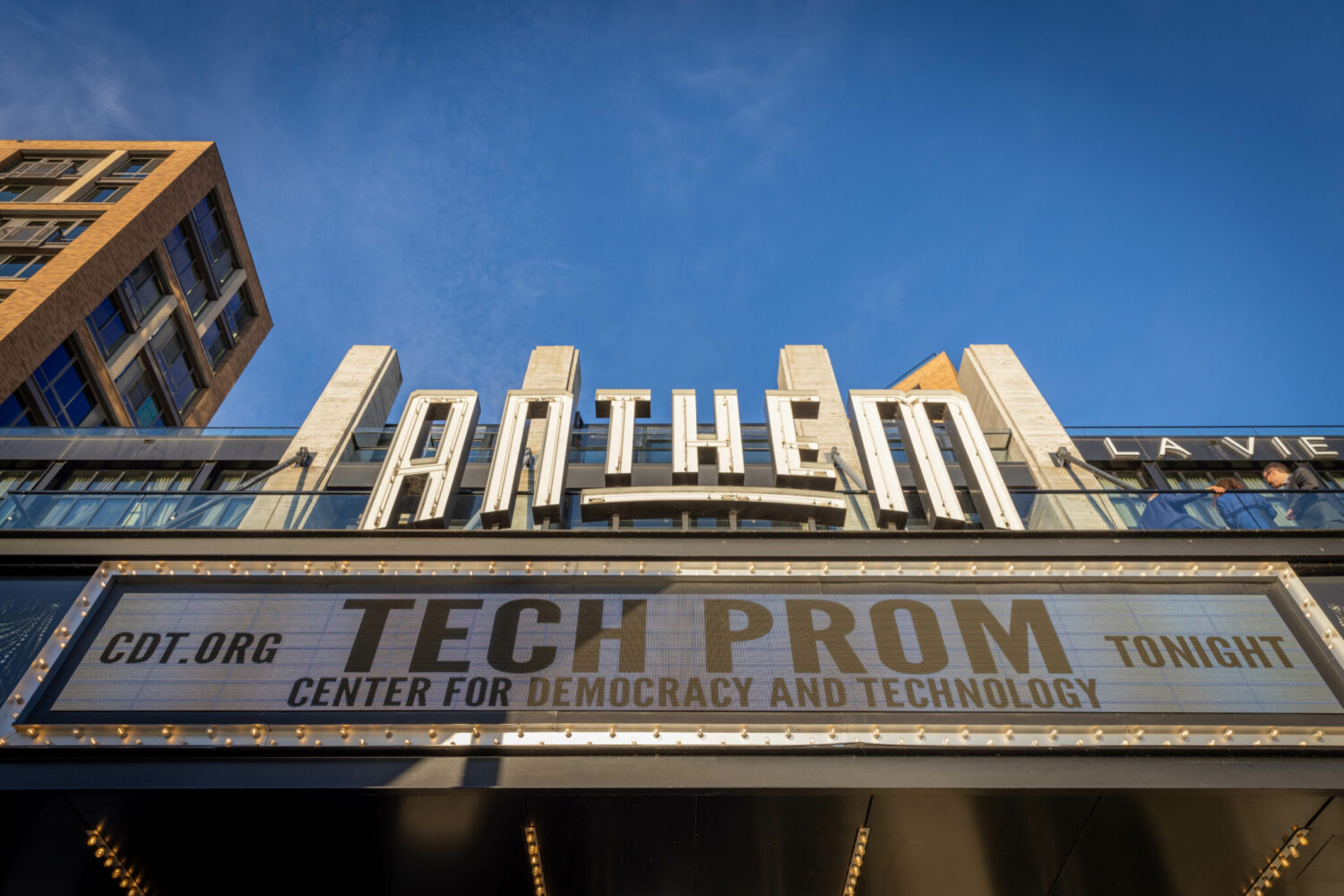 Exterior photo of 2023 Tech Prom. Marquee sign announcing Tech Prom.