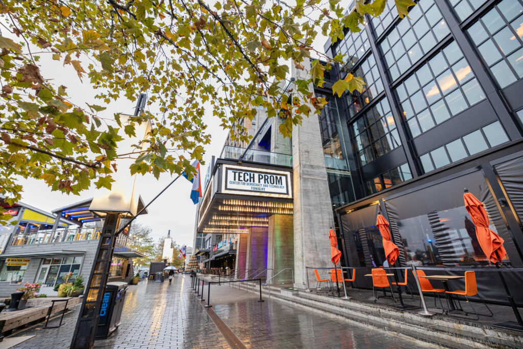 Exterior photo of 2024 Tech Prom. Marquee sign announcing Tech Prom.