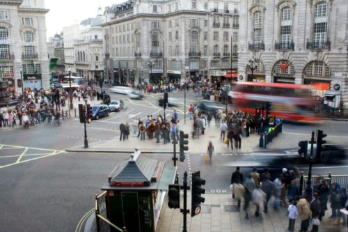 Scene of a busy London intersection.