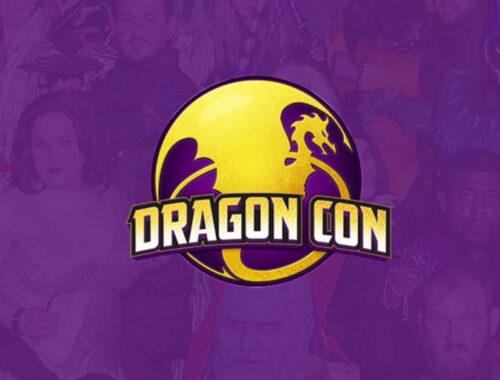 Purple promotional graphic with a yellow-and-purple dragon emblem and the text “DRAGON CON.”