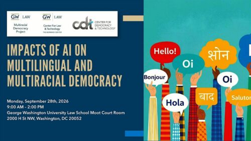 Event graphic for “Impacts of AI on Multilingual and Multiracial Democracy,” with event details beside an illustration of diverse raised hands and multilingual speech bubbles.