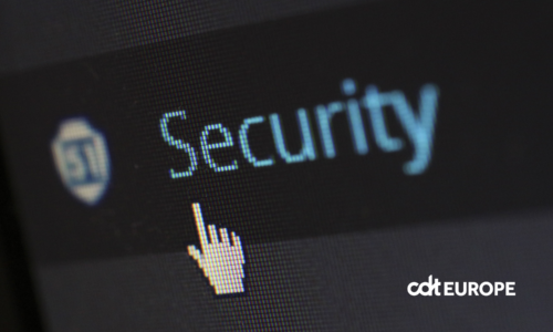 Close-up view of a mouse cursor over digital security text on display