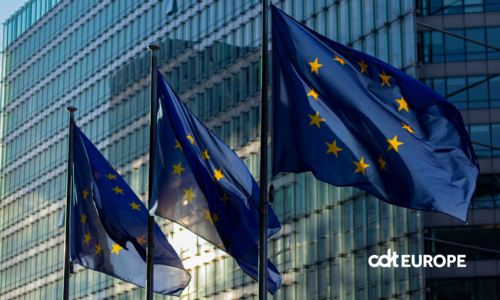 EU flags waving in front of the European Commission building in Brussels, Belgium