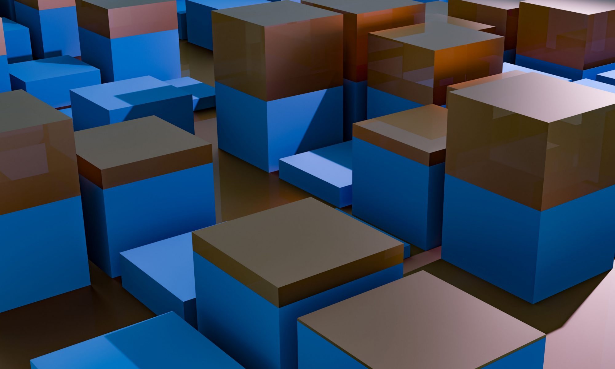 Stylized 3D render of abstract geometric cubes in blue tones